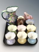 Seven Maling lustre grapefruit dishes, a further jug,