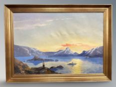 Danish School : Figures by a fjord, oil on canvas, 96 cm x 66 cm.
