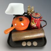 Le Creuset pan with lid, inert artillery shell, set of scales with brass graduated weights,