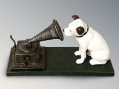 A cast iron HMV dog and gramophone figure, length 22 cm.