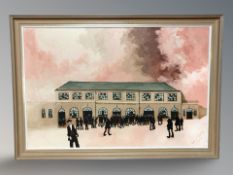 Robert Olley : Figures outside The Ministry of Labour Employment Exchange, oil on board,