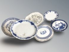 A group of 19th century blue and white transfer printed meat plates, largest 46 cm.