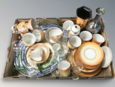 A group of lustre coffee china, green stemmed drinking glasses, lustre vase and other ceramics.