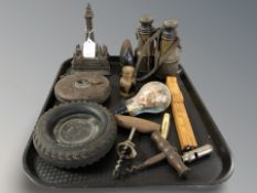 Two vintage corkscrews, folding knife, two inert shells, pair of brass field glasses,