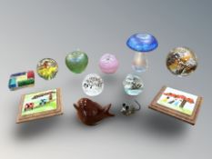 A Glasform lustre mushroom paperweight and similar apple paperweight,