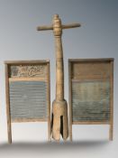 Two antique pine wash boards and a further wooden poss stick