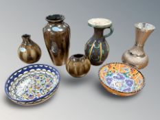 Three Poole lustre vases, modern Indian mixed metals vase,