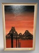 Hinge (20th Century) : Abstract mountainous landscape, oil on board, signed and dated '71,