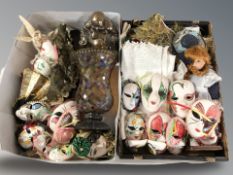 A group of decorative masks, dolls figures, mosaic vase, Buddha figure,