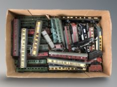 A quantity of die cast locomotives, carriages and other rolling stock.