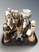 A group of Elizabeth Green pottery figures of ladies and house maids, studio pottery vessel,