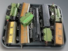 A group of tin plate rolling stock including locomotive, passenger cars, etc.