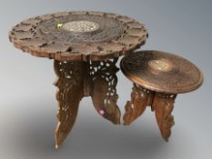 Two Anglo Indian carved hardwood and bone inlaid occasional tables, tallest 46 cm.