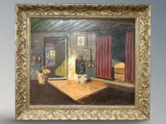 Danish School : Salon interior, impasto oil on canvas, 60 cm x 50 cm, indistinctly signed.