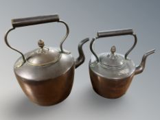 Two Victorian copper kettles, tallest 36 cm.