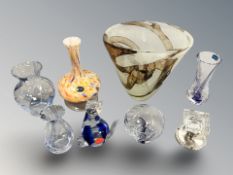 A Mdina glass vase, height 21 cm, three Caithness vases, Venetian glass cat,