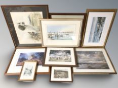 A group of pictures and prints including a John R Pretty watercolour of boats moored in a harbour,