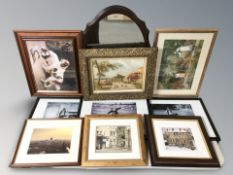 A group of pictures and prints, ornate gilt framed oil on canvas of chickens in a yard, a mirror,