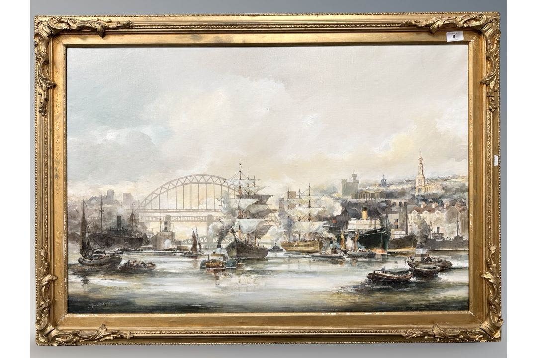 Tom MacDonald (British, born 1934) : Shipping on The Tyne with the Bridges Beyond, oil on canvas, - Image 2 of 2