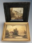 Two small primitive oil paintings on board depicting rural scenes, each approximately 12 cm x 12 cm.