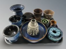 A group of Scandinavian studio pottery items including vessels, mug, candle holder, pedestal bowls,