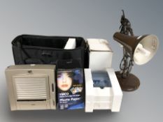 An enameled Habitat angle poised lamp, Olympus photo printer,