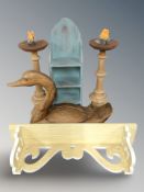 A modern painted wall shelf, width 59 cm, carved wooden figure of a swan,