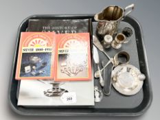 A silver sifter, two further condiments, a small vase, an ashtray stamped '900',