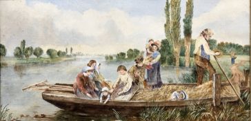 British School (19th Century) A family on a boat gathering reeds, watercolour, 33 cm x 67 cm.