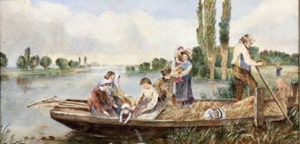 British School (19th Century) A family on a boat gathering reeds, watercolour, 33 cm x 67 cm.