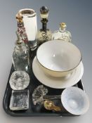 A group of Scandinavian decanters including Holmegaard, textured glass tea light holder,