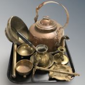 A copper kettle, other metal wares, chocolate pot, etc.