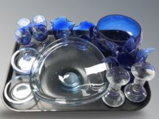 A group of continental etched blue glass items, pair of candle holders, ovoid bowl, etc.