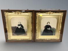 A pair of Victorian printed and later hand coloured portrait studies of women,