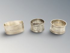 Three silver napkin rings. CONDITION REPORT: 73.9g gross.