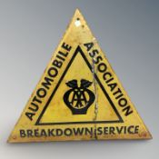 A reproduction AA breakdown enameled tin triangular sign, width 40 cm.