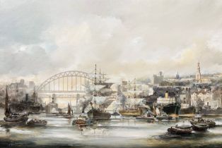 Tom MacDonald (British, born 1934) : Shipping on The Tyne with the Bridges Beyond, oil on canvas,