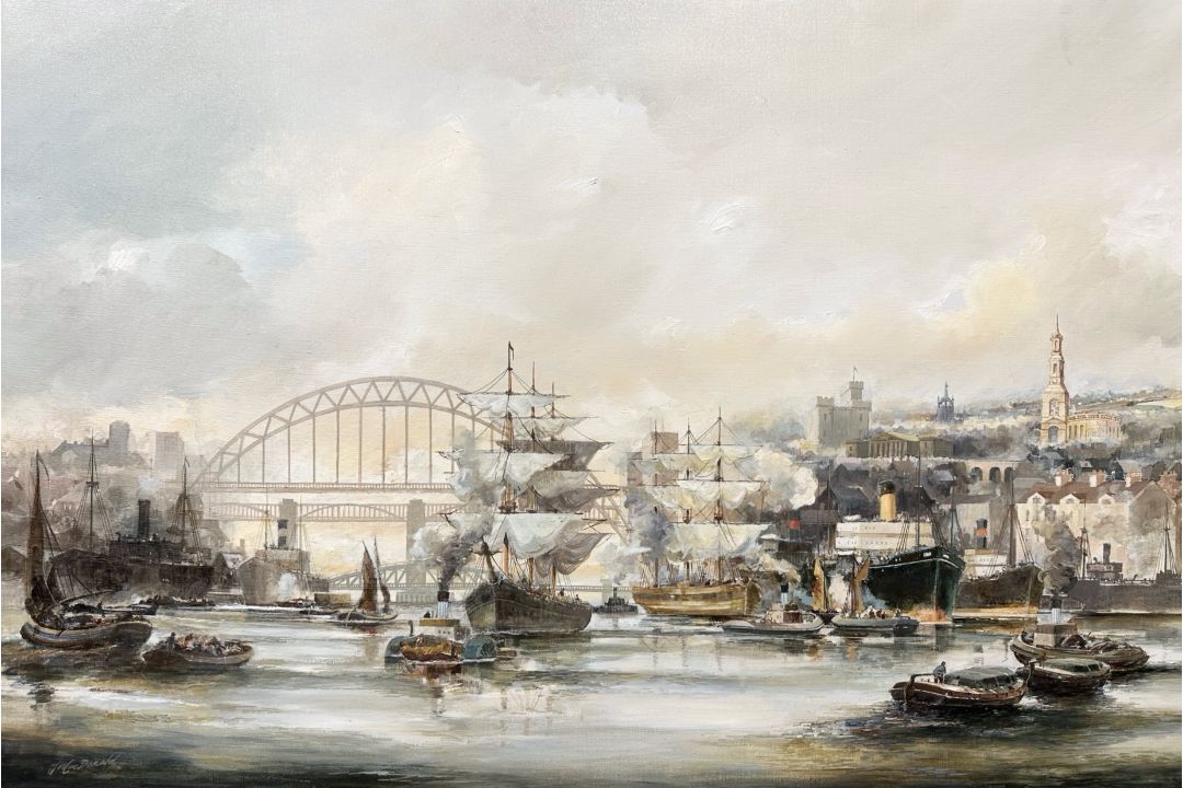 Tom MacDonald (British, born 1934) : Shipping on The Tyne with the Bridges Beyond, oil on canvas, - Image 1 of 2