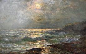 John Falconar Slater (British, 1857 - 1937) : Seascape Under Moonlight, oil on board, signed,
