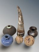 A group of studio pottery vessels and other ceramics, horn shaped vase, etc.