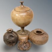 A turned and polished walnut pedestal bon bon dish and cover, height 23 cm,