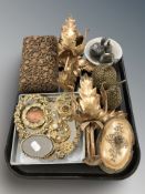 An Indian heavily carved hardwood trinket box, pair of modern gilt candle sconces,