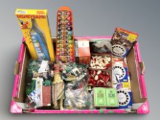 A chess set, playing cards, Viewmaster and Viewmaster slides, LEGO, children's musical instruments,