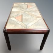 A Danish tile top rectangular coffee table, 130 cm x 70 cm x 53 cm.