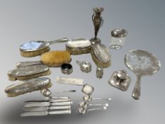 A collection of antique silver items including inkwell, condiments, cutlery, dressing table items,
