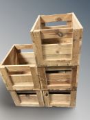 Five rustic pine bottle crates, each 46 cm wide.