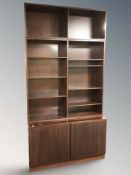 A Scandinavian stained modular open bookcase, 120 cm x 43 cm x 230 cm.