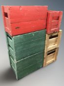 Six various pine bottle crates, largest 50 cm wide.