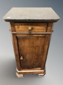 A walnut and marble topped pot cupboard,