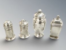 Four various silver sifters, tallest 8.5 cm. CONDITION REPORT: 112g gross.